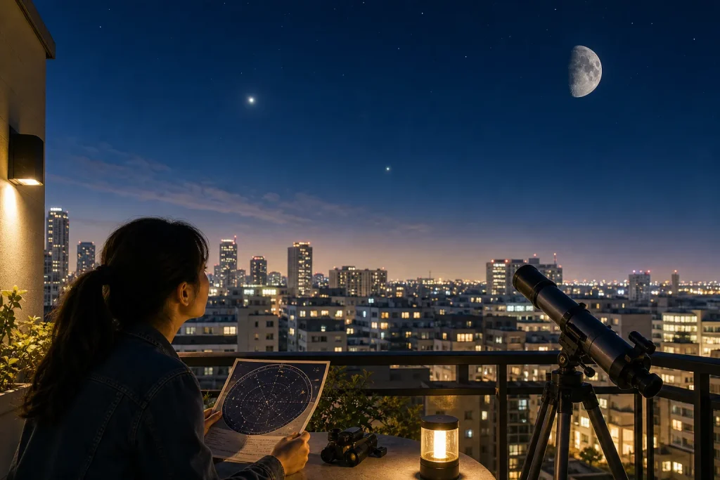 Person holding star chart on balcony overlooking city skyline with telescope and night sky showing bright moon and stars