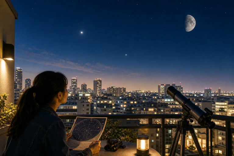 Person holding star chart on balcony overlooking city skyline with telescope and night sky showing bright moon and stars