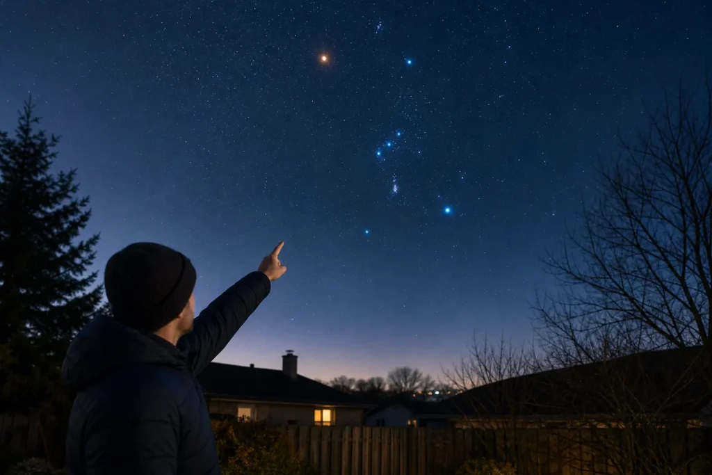 Person in winter clothing pointing at a clear night sky filled with stars above suburban houses
