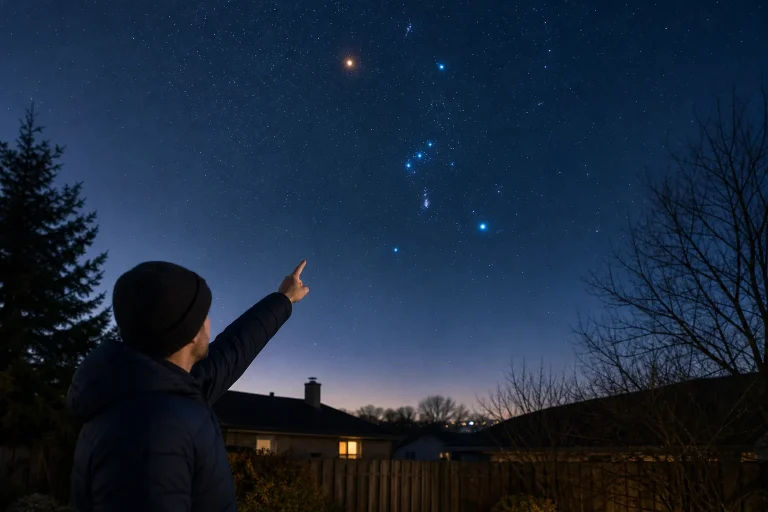 Person in winter clothing pointing at a clear night sky filled with stars above suburban houses