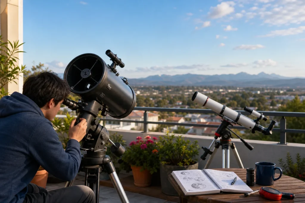 Person looking through large black telescope on rooftop with mountains and city in background