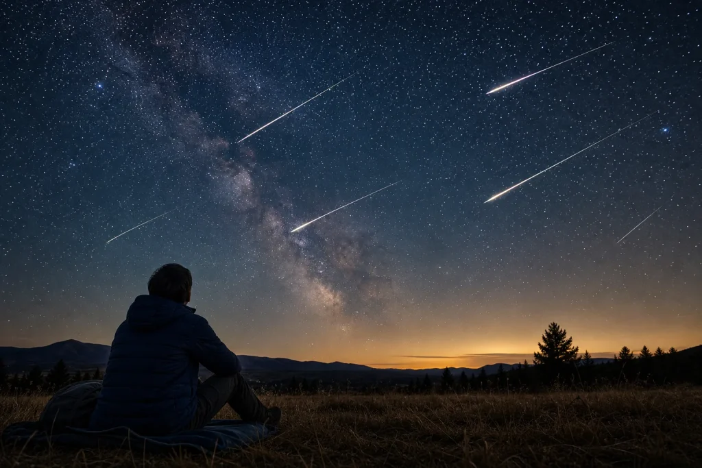 Person sitting on a blanket in a field watching multiple bright shooting stars across a starry night sky
