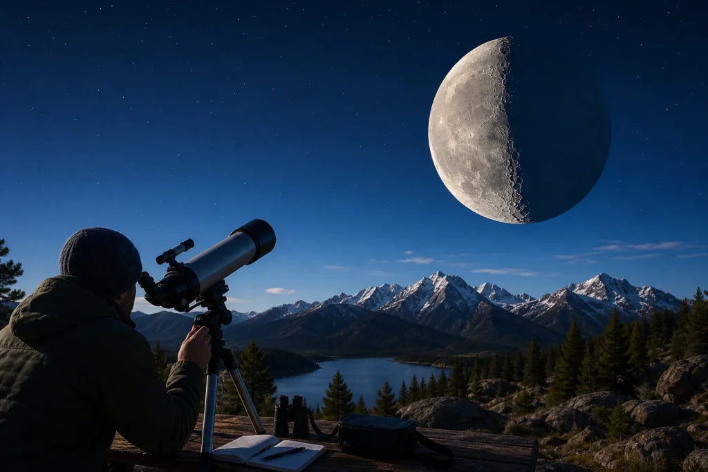 Person wearing a beanie looking through a telescope at a half-lit moon over snowy mountains and a lake under a starry twilight sky